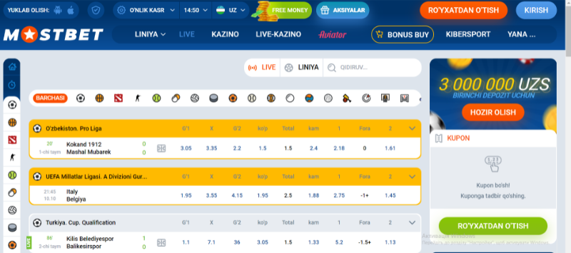 Mostbet ilovasida sport tikish